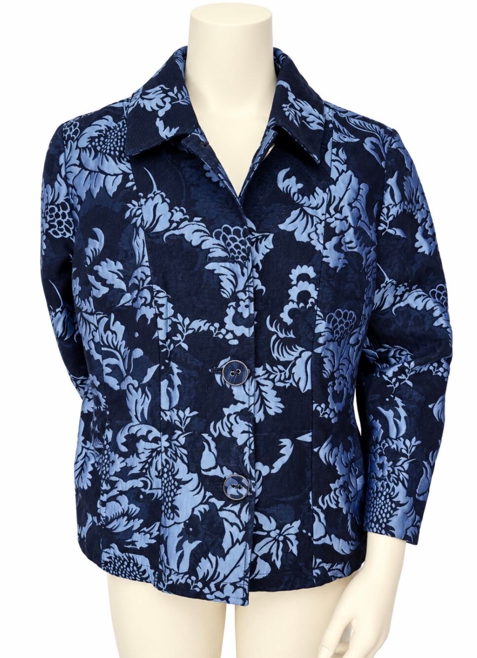 Chico’s Size 2 Navy Blue Floral Jacquard Blazer Jacket Womens L / 12 Lined